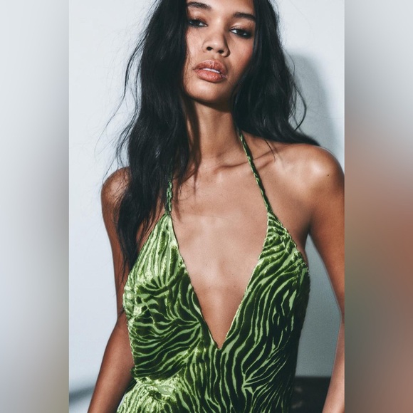 Zara Green Zebra Print velvet halter Dress - Picture 2 of 11